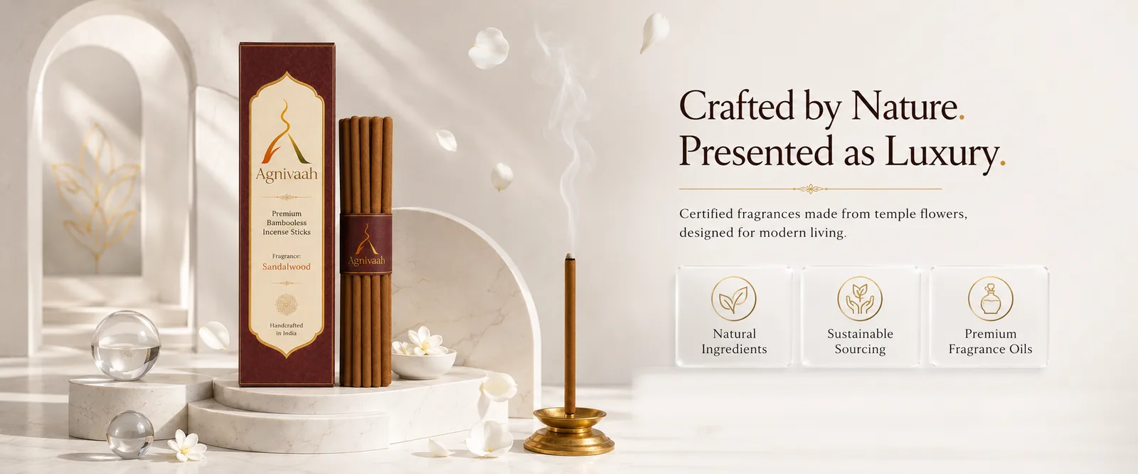 Agnivaah Sandalwood premium bambooless incense, crafted by nature and presented as luxury