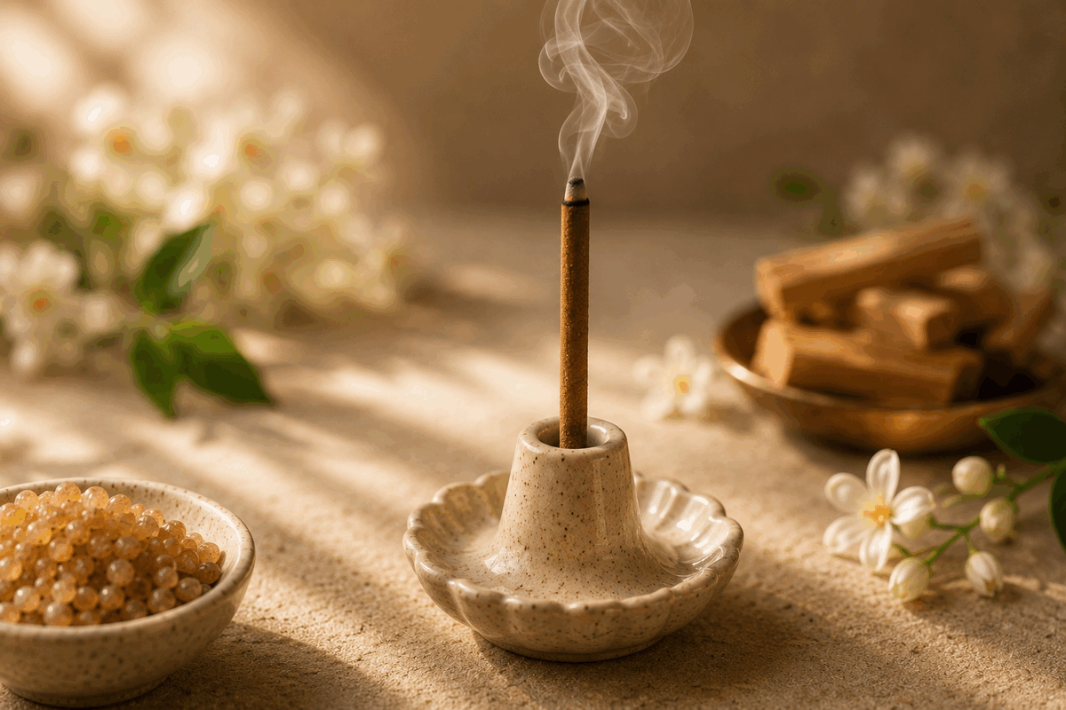 A single bambooless dhoop stick releasing slow smoke